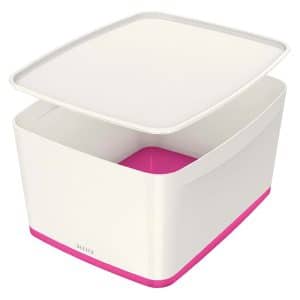Leitz Opbevaringsboks MyBox WOW Large med låg, 18 L, hvid/pink