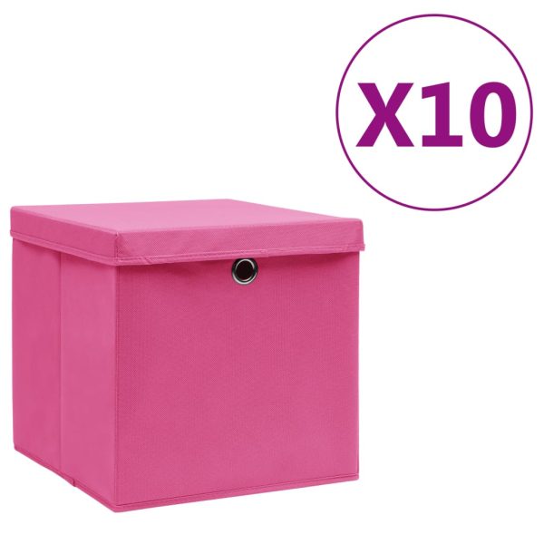 vidaXL opbevaringskasser med låg 10 stk. 28x28x28 cm lyserød
