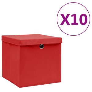 opbevaringskasser med låg 10 stk. 28x28x28 cm rød