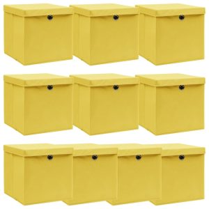 opbevaringskasser med låg 10 stk. 32x32x32 stof gul