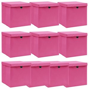 opbevaringskasser med låg 10 stk. 32x32x32 stof pink