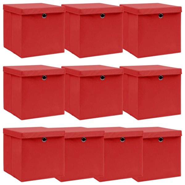opbevaringskasser med låg 10 stk. 32x32x32 stof rød