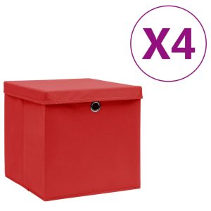 opbevaringskasser med låg 4 stk. 28x28x28 cm rød
