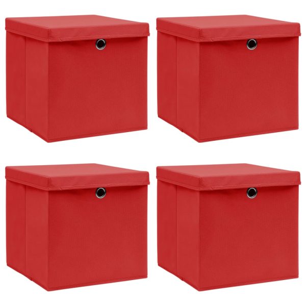 opbevaringskasser med låg 4 stk. 32x32x32 stof rød