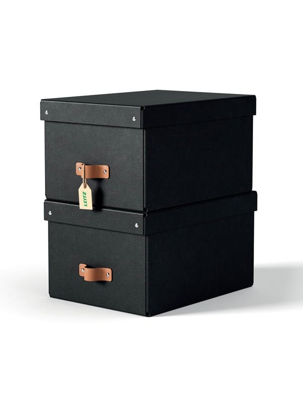 Leitz Puro opbevaringsboks med låg, medium, 17 L, 100% recirkuleret karton, pakke a 2 stk, sort