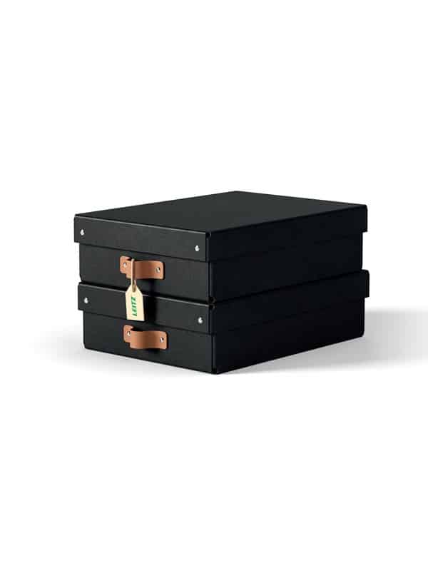 Leitz Puro opbevaringsboks med låg, medium, lav, 8 L, 100 % recirkuleret karton, pakke med 2 stk, sort