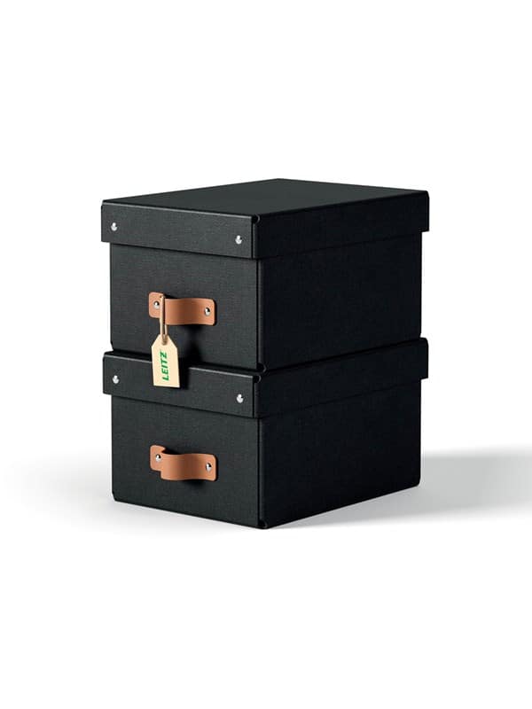 Leitz Puro opbevaringsboks med låg, small, 7 L, 100 % recirkuleret karton, pakke med 2 stk, sort