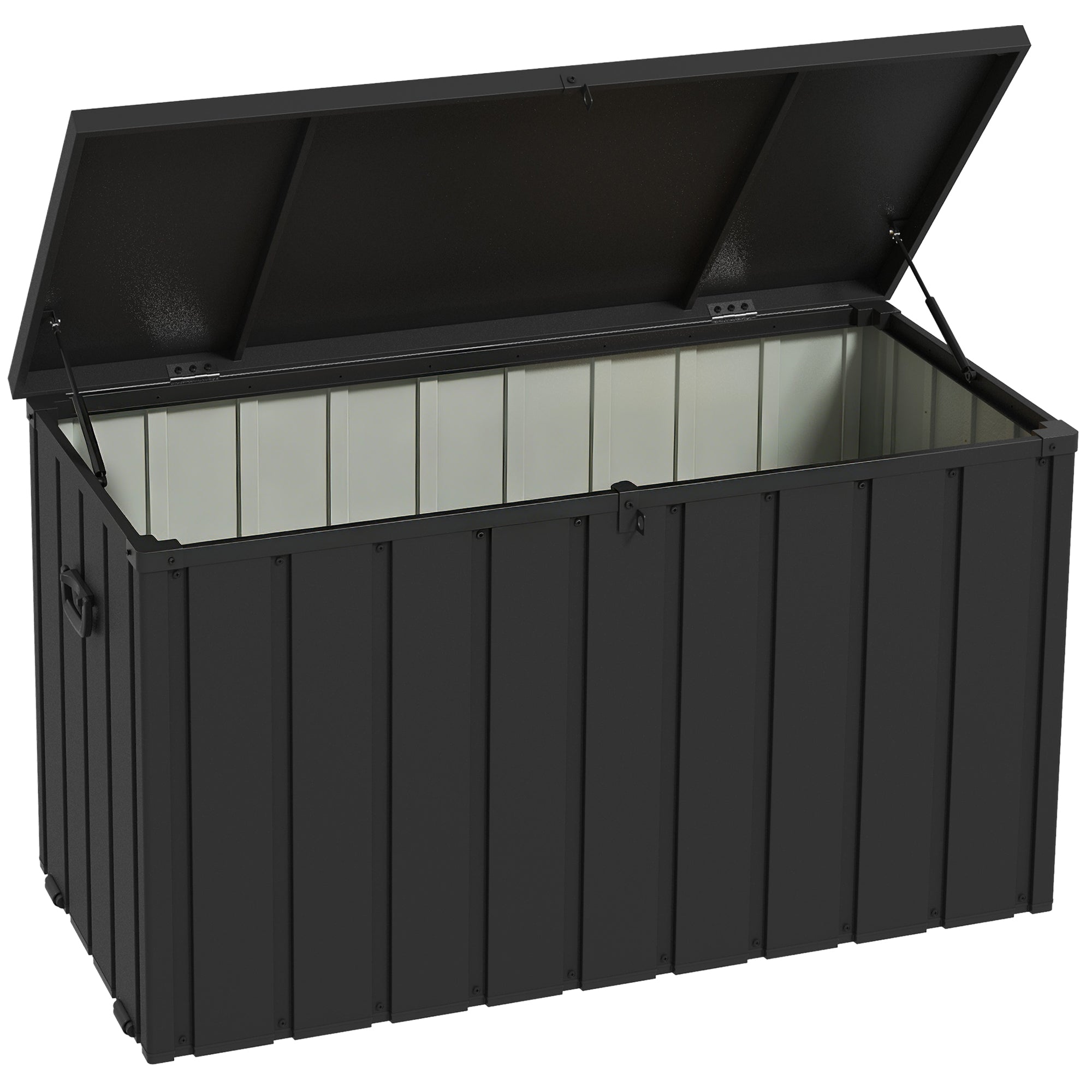 Opbevaringskasse, havekasse, 450L opbevaringsplads, 2 hjul, stålramme, 125x61x70 cm, mørkegrå