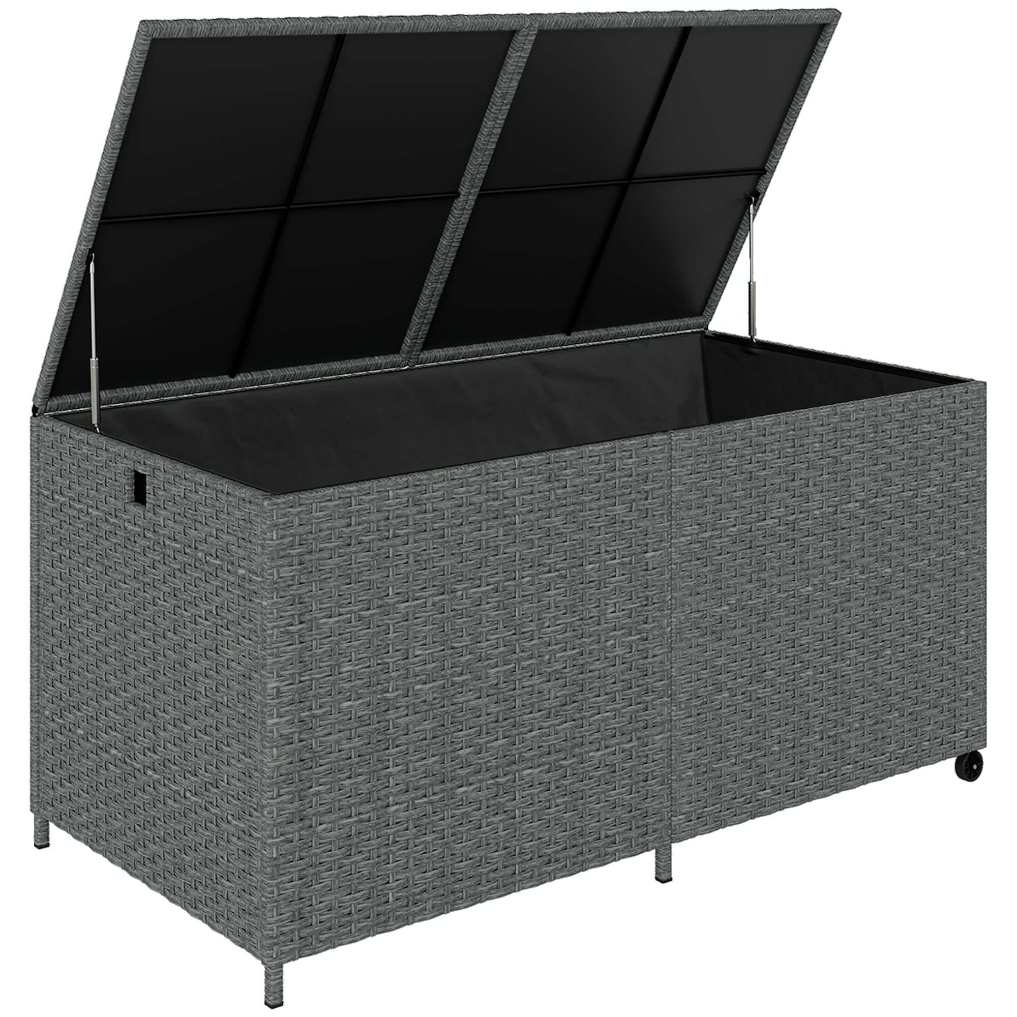 Rattan opbevaringskasse 650L, vejrbestandig, UV-bestandig, hyndekasse med låg, hjul, opbevaringsplads 150 x 75 x 74 cm, mørkegrå
