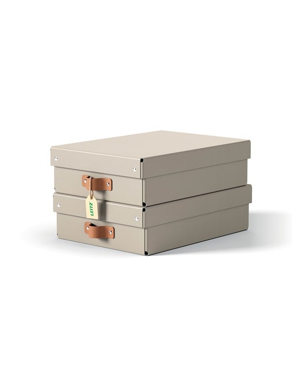 Leitz Puro opbevaringsboks med låg, medium, lav, 8 L, 100 % recirkuleret karton, pakke med 2 stk, beige