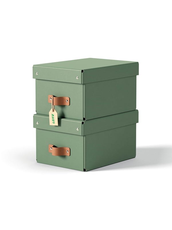 Leitz Puro opbevaringsboks med låg, small, 7 L, 100 % recirkuleret karton, pakke med 2 stk, grøn